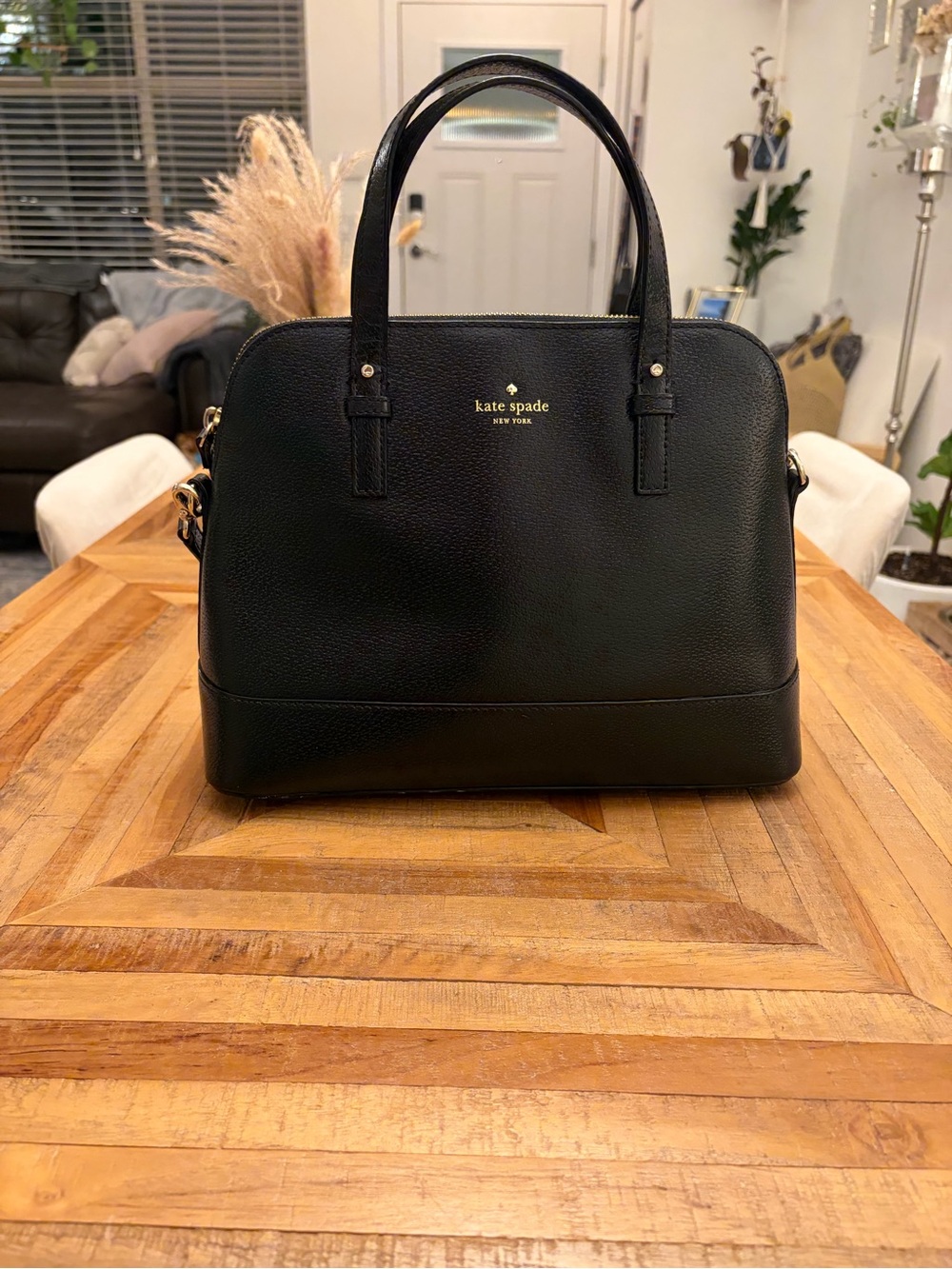 kate spade Black Pebbled Leather Dome Satchel with Gold Hardware